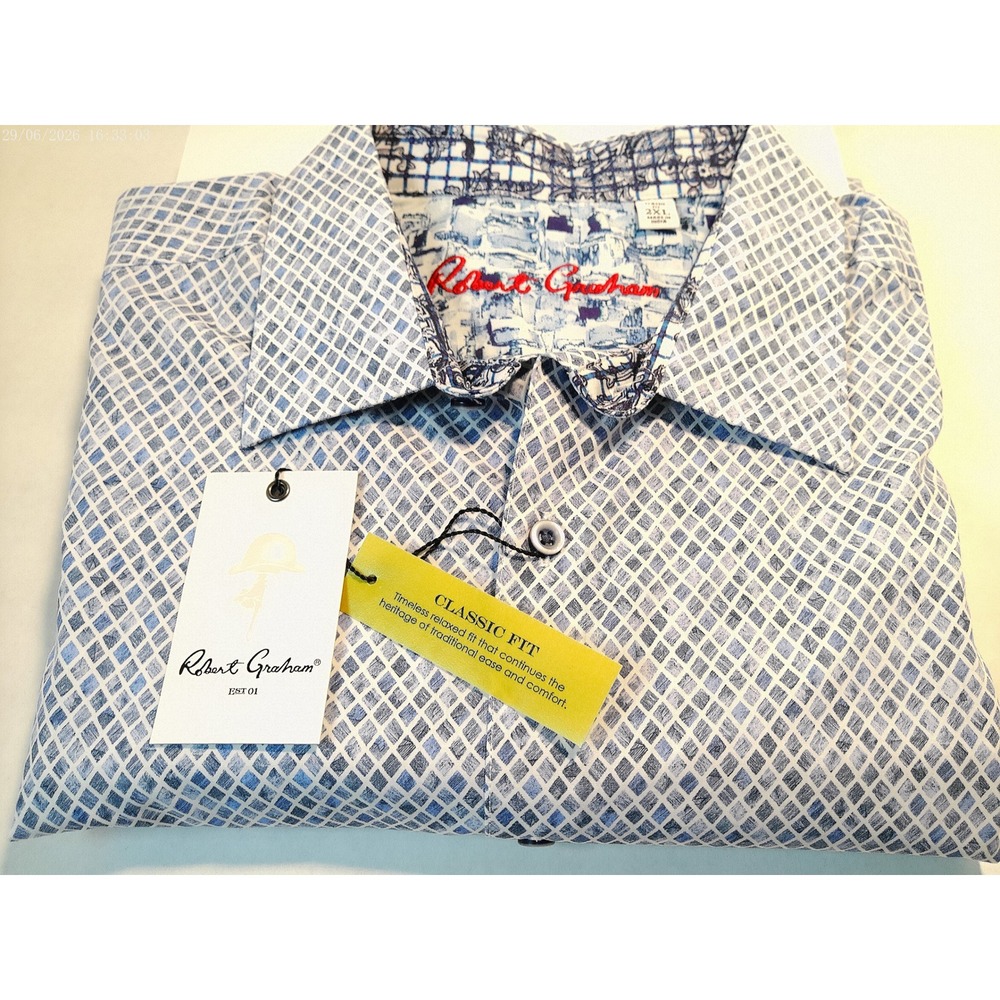 Robert Graham Barton Blue Geometric Diamond Print Classic Fit Shirt 2XL NWT